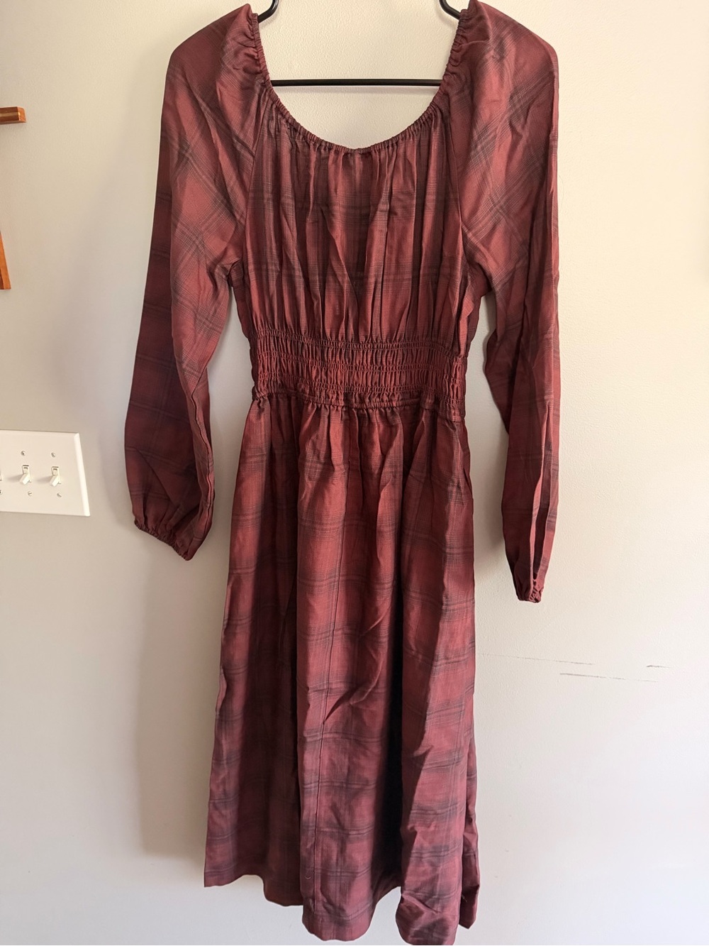 Burgundy Plaid Long Sleeve Midi A Line Dress size M - Picture 4 of 5